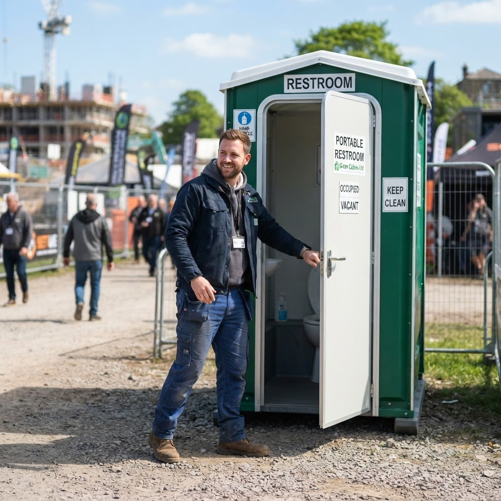 A guest opening the door of a clean portable restroom at an outdoor site