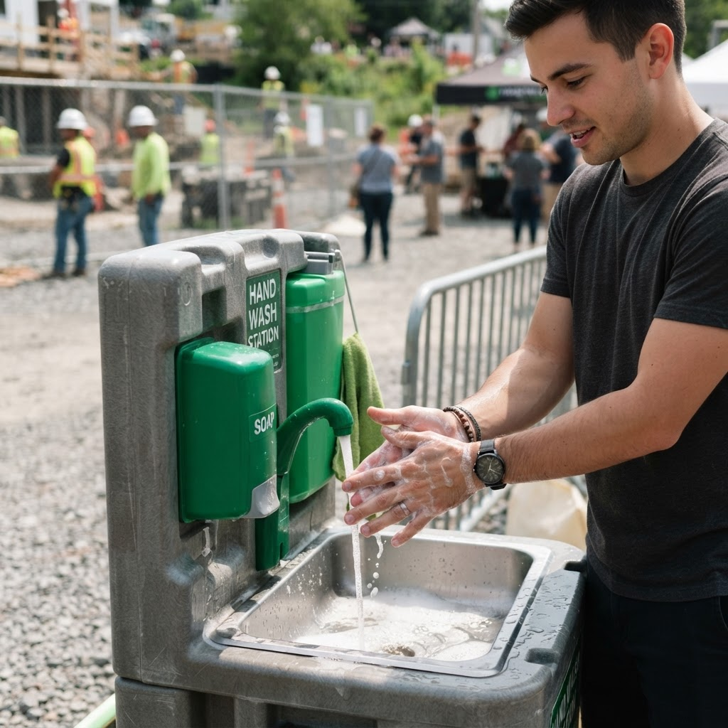 A guest washing hands at an outdoor handwashing station