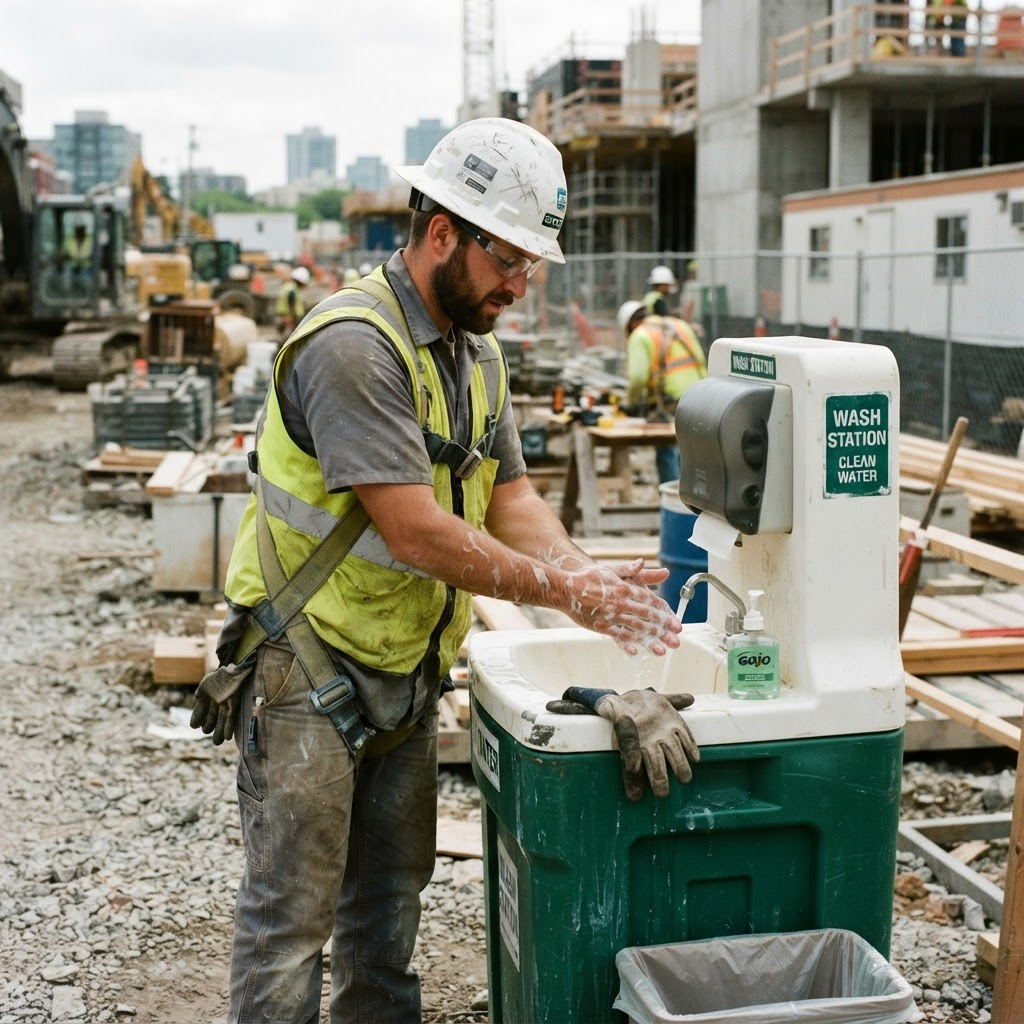 A construction worker washing hands at a jobsite handwashing station